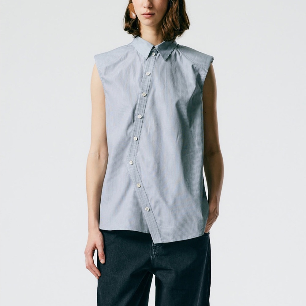 EUC Tibi Micro Stripe Sleeveless Shoulderpad Shirt